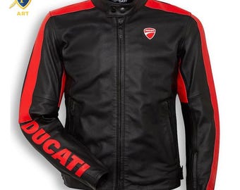 Black Motorcycle Leather Jacket – Sport Riding Jacket with Red Racing Stripes