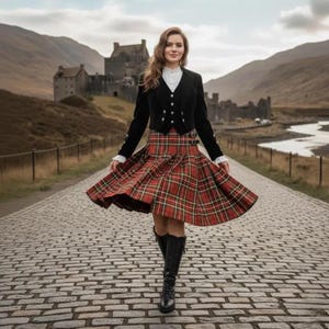 Può includere: Un gilet nero aderente con bottoni argentati indossato sopra una camicia bianca con colletto, abbinato a una gonna kilt plissettata con motivo tartan rosso, verde e giallo. L'outfit è completato da stivali neri alti in pelle strutturati.