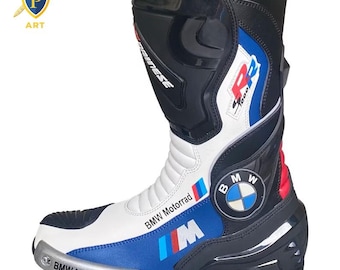 Niestandardowe trójkolorowe skórzane buty wyścigowe | Wysokiej jakości odzież jeździecka | Profesjonalne buty torowe do sportów motorowych