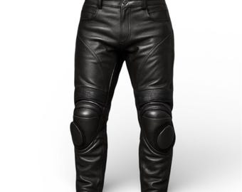 Pantalones de moto de cuero negro con protección para las rodillas: pantalones de motociclista blindados para uso en pista y calle.