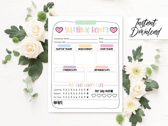 Pastel Substitute Teacher Report Sub Report Printable, Sub Tub, Teacher Report, Substitute Report, DIY, Classroom Management