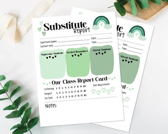 Rapport de l’enseignant suppléant Green Boho imprimable, sous-rapport, remerciement des étudiants, rapport de l’enseignant, rapport de suppléant, bricolage, gestion de classe