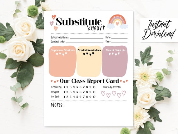 Boho Substitute Teacher Report Printable, Sub Report, Student Thank You, Teacher Report, Substitute Report, DIY, Classroom Management