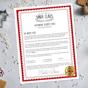 Carta a Papá Noel para que trabaje con fechas de entrega alternativas, descarga instantánea, bricolaje navideño, carta a Papá Noel, Navidad
