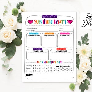 May include: Printable substitute teacher report card with sections for "Superstar Students", "Needed Reminders", "Alert Students", "Completed Work", "Incompleted Work", and a class report card with categories for "Listening", "Respect", and "On Task".
