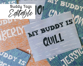 May include: A set of printable buddy tags with a blue and green striped pattern. The text on the tags reads "My Buddy is" followed by a name. The tags are editable.
