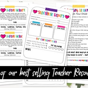 May include: A set of printable teacher resources for helping children learn to read. The resources include a substitute report, a class report card, and a reading at home with your child guide. The resources are colorful and feature hearts and stars.