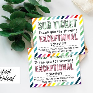 Regenbogen-Lehrer-Ressourcen Sub Ticket druckbare, Ersatz-Lehrer, Schüler-Danke, Ticket, Ersatz-Brag-Tag DIY, Klassenzimmer-management