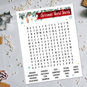 May include: A printable Christmas word search puzzle with a festive green and red design. The puzzle features words related to Christmas, such as "Santa", "Reindeer", "Holly", and "Jingle Bells".