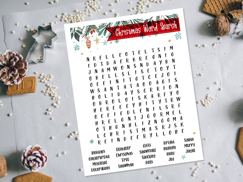 May include: A printable Christmas word search puzzle with a festive green and red design. The puzzle features words related to Christmas, such as "Santa", "Reindeer", "Holly", and "Jingle Bells".
