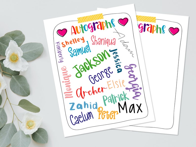 May include: A white sheet of paper with a black border and the word "Autographs" written in rainbow colors. The names Kimberly, Monique, Shelley, Samuel, Shaniqua, Jackson, George, Archer, Elsie, Zahid, Patrick, Caelum, Peter, and Max are written in a circle around the word "Autographs".