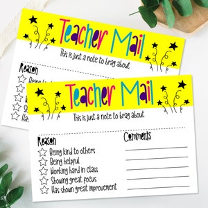 May include: Teacher Mail note cards with a yellow background and stars. The cards have a list of reasons to write a note to a teacher, such as "Being kind to others" and "Working hard in class". There is also a space for comments.