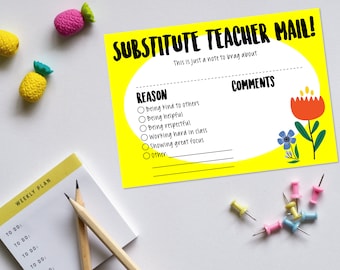 Substitute Teacher Note Printable, Substitute Teacher, Happy Mail, Substitute Brag Tag, DIY, Teacher Letter, Teacher Mail
