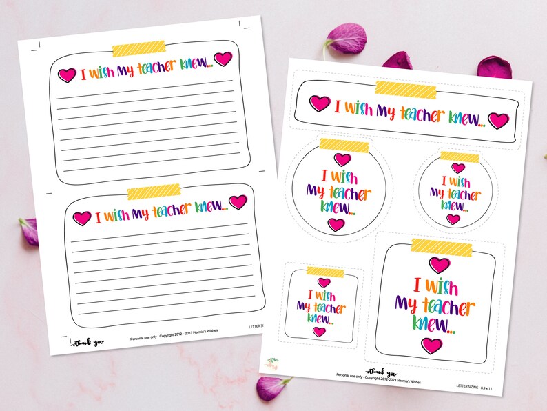 May include: Printable "I wish my teacher knew..." cards and note paper with colorful hearts and rainbow text. The cards are designed for students to write messages of appreciation for their teachers.