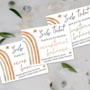 Boho Lehrer Ressourcen Sub Ticket druckbare, Ersatzlehrer, Schüler Danke, Ticket, Ersatz Brag Tag, DIY, Klassenzimmermanagement