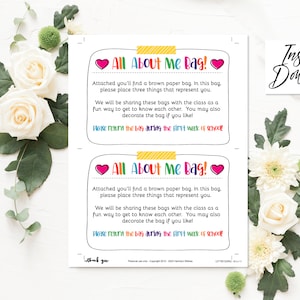 May include: A printable classroom activity for students to get to know each other. The printable says "All About Me Bag!" and includes instructions for students to decorate a brown paper bag and place three items inside that represent them. The printable also says "Return the bag during the first week of school."