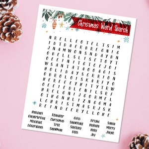 May include: A printable Christmas word search puzzle with a festive green and red design. The puzzle features words related to Christmas, such as "Santa", "reindeer", "snowman", "tree", "gifts", "holidays", and "gingerbread".