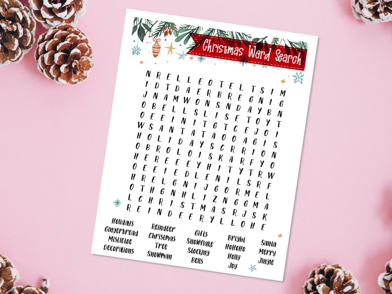 May include: A printable Christmas word search puzzle with a festive green and red design. The puzzle features words related to Christmas, such as "Santa", "reindeer", "snowman", "tree", "gifts", "holidays", and "gingerbread".
