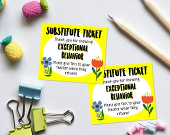 Substitute Teacher Good Report, Ticket Printable, Substitute Teacher, Ticket, Substitute Brag Tag, DIY, Teacher Mail, Classroom Management