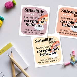 Boho Lehrer Ressourcen Sub Ticket druckbare, Ersatzlehrer, Schüler Danke, Ticket, Ersatz Brag Tag, DIY, Klassenzimmermanagement