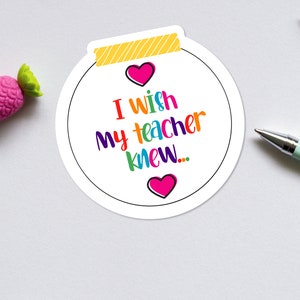 May include: A white sticker with a yellow and white striped border. The sticker has a rainbow colored text that says "I wish my teacher knew..." with a pink heart on either side of the text.