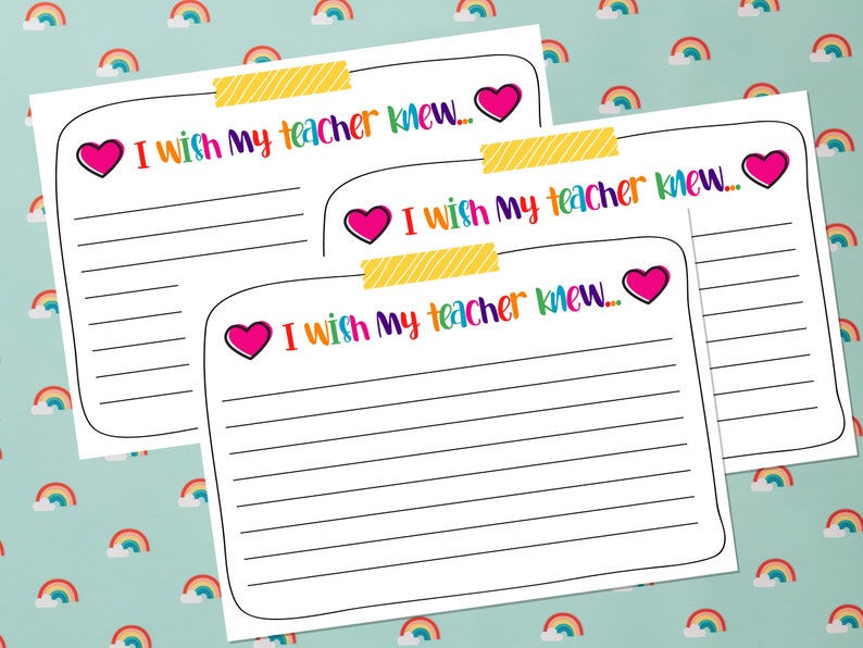 May include: Three printable cards with a colorful heart and the text "I wish my teacher knew..." on each card. The cards are designed for students to write messages to their teachers.