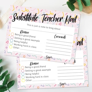 Puede incluir: Dos tarjetas rosas y blancas con un patrón de confeti colorido. Las tarjetas están tituladas "Substitute Teacher Mail" y tienen una sección para "Razón" y "Comentarios". Las razones incluyen "Ser un buen amigo", "Dar un buen ejemplo", "Ser útil", "Trabajar duro en clase" y "Otro".