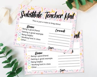 Note from the Substitute Teacher, Teacher Mail, Substitute Teacher Report, Teacher Brag, Reward Chart, Good Report from Teacher Printable