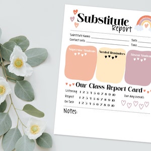 May include: A printable substitute teacher report card with a rainbow and hearts design. The report card includes sections for superstar students, needed reminders, absent students, and a class report card with categories for listening, respect, and on task. The report card also includes a section for notes.