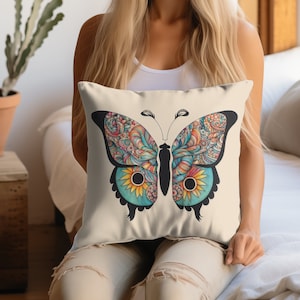 Throw Pillow Boho Butterfly Design Vintage 1970s Style