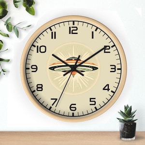 Reloj de pared OVNI, decoración atómica moderna de mediados de siglo