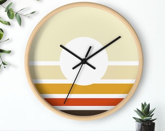 Zegar ścienny w paski w stylu retro Sunset | Brązowo-żółto-pomarańczowo-brązowy wystrój domu