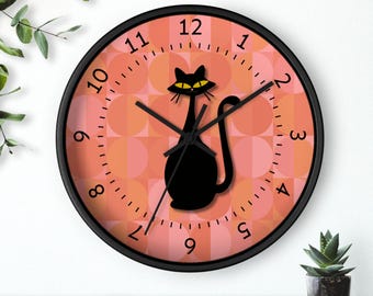 Zegar ścienny w stylu retro z kotem: styl atomowy z połowy XX wieku, różowo-czarny