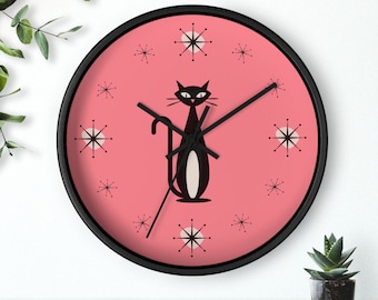 Atomic Cat Wall Clock: Retro 1950s Mid-Century Modern Decor