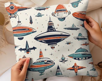 Poduszka retro w kształcie kwadratowego statku kosmicznego z połowy XX wieku w stylu retro – styl vintage lat 50.