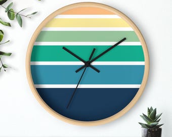 Zegar ścienny w stylu retro z poziomymi paskami | Marynarski, turkusowy, z połowy XX wieku