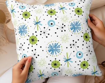 Poduszka dekoracyjna Atomic Sputnik Starburst, wzór z połowy XX wieku, kolor biały, niebieski i limonkowy