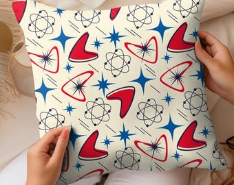 Poduszka dekoracyjna z wzorem atomowym w stylu Mid-Century Modern