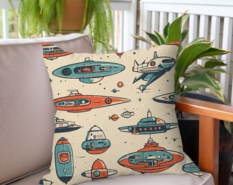 Outdoor Throw Pillow  Mid-Century Modern Atomic Spaceship Square  - Vintage 50s Style