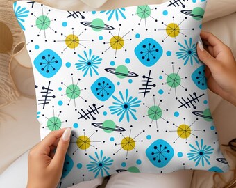 Poduszka dekoracyjna Atomic Mid Century Modern z motywem gwiazdy i Saturna – turkusowo-miętowo-musztardowa