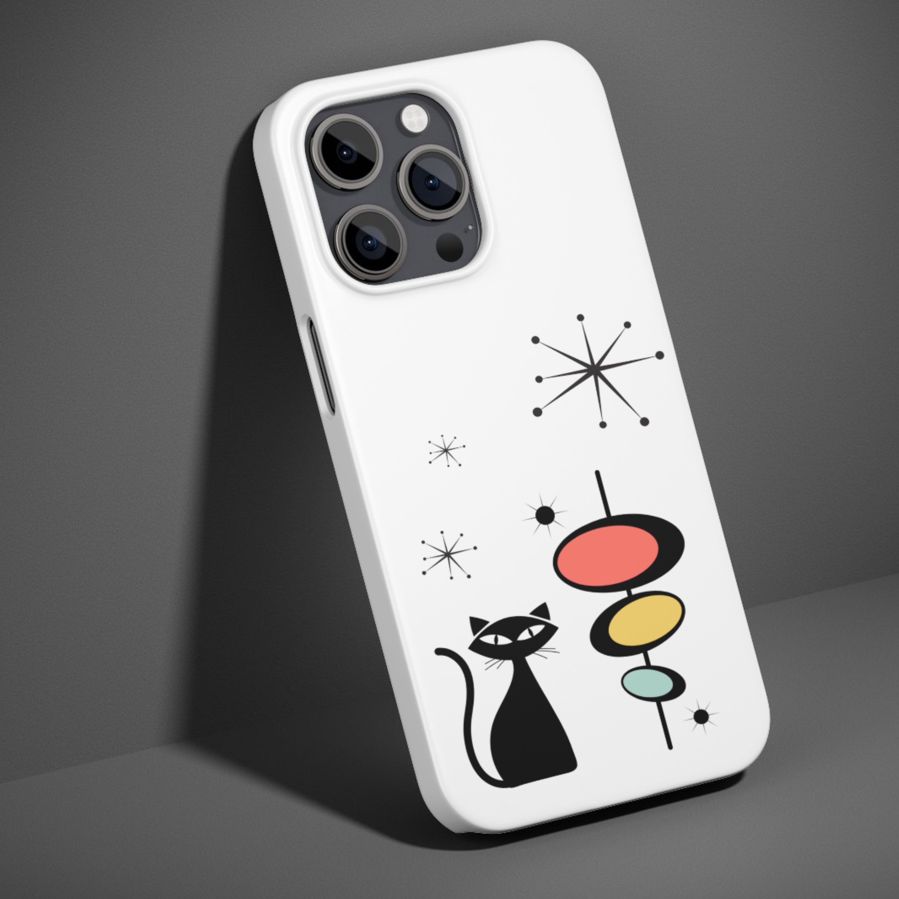 Atomic Black Cat Phone Case: Mid-Century Modern Design