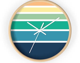 Reloj de pared retro de rayas horizontales / Moderno de mediados de siglo en azul marino y verde azulado espuma de mar