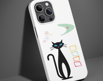 Atomic Black Cat Phone Case: Mid-Century Modern Art