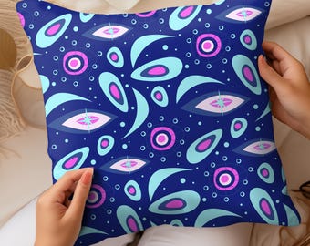 Poduszka dekoracyjna z wzorem atomowym z połowy XX wieku, z epoki kosmicznej, w kolorze turkusowym i różowym,