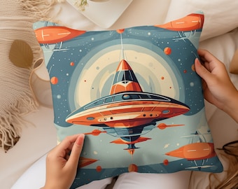 Mid-Century Modern Atomic Spaceship Square Retro throw Pillow - Vintage 50s Style