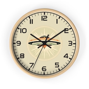 UFO wall clock in mid-century modern atomic style, 10-inch round wall clock, brown and beige, silent movement