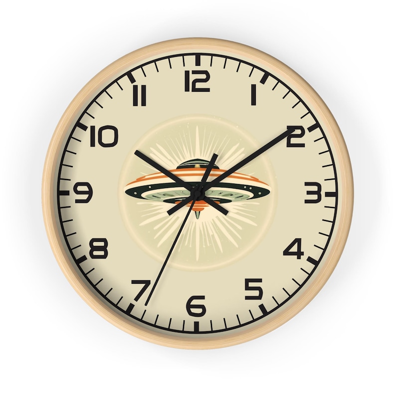 UFO wall clock in mid-century modern atomic style, 10-inch round wall clock, brown and beige, silent movement