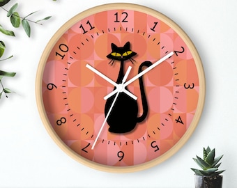 Retro Cat Wall Clock: Atomic Mid-Century Style, Pink & Black