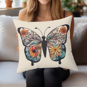 Throw Pillow - Retro Boho Butterfly Design - 1970s Style