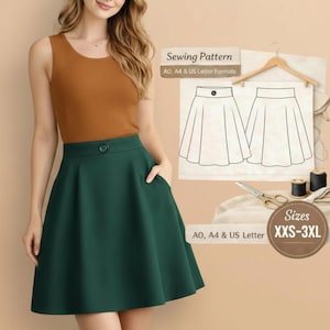 Patrón de costura para falda de corte A con botones en la cintura, tallas XS-XL (patrón PDF A0/A4/US Letter)